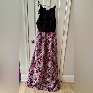 Monique Lhuillier Black Lace Bodice with Pink and Light Blue Floral Skirt
